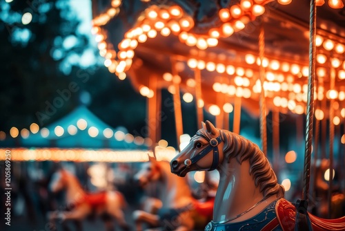 A close-up view of a spinning carousel showcases colorful horses and bright lights, creating a lively ambiance perfect for family fun and excitement photo