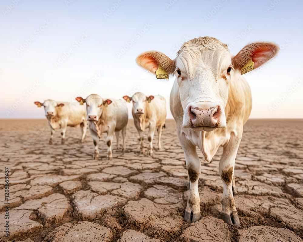 Dry grasslands with cattle searching for water, portraying agricultural struggles, Climate Physical Risk, Extreme drought effects Dry grasslands with cattle searching for water, portraying agricultural struggles, Climate Physical Risk, Extreme drought effects