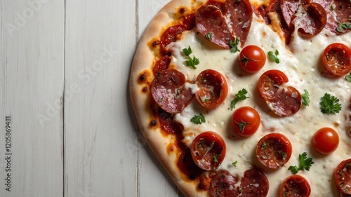 Heart shaped Italian pizza with salami,cherry tomatoes,garlics,parsley,pizza sauce,mozzella and olive oil on parchment paper with white wood table background.Love concept for Valentine's day
 photo