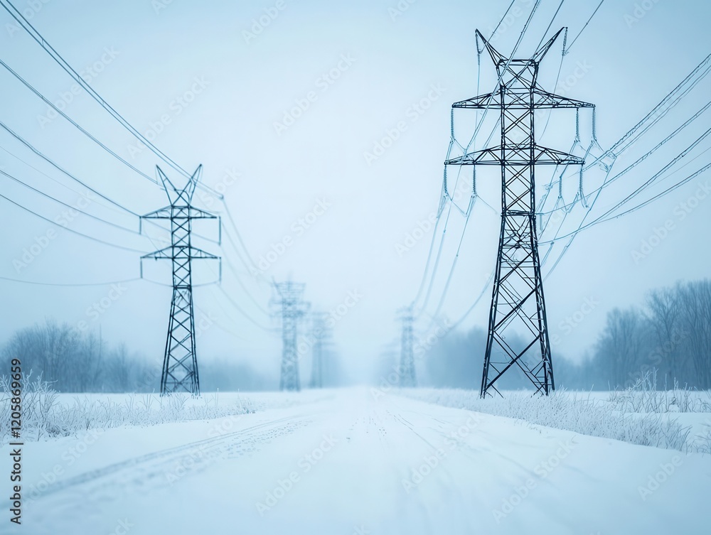 Power lines collapsing from heavy ice storms in winter, Climate Physical Risk, Infrastructure disaster concept Power lines collapsing from heavy ice storms in winter, Climate Physical Risk, Infrastructure disaster concept
