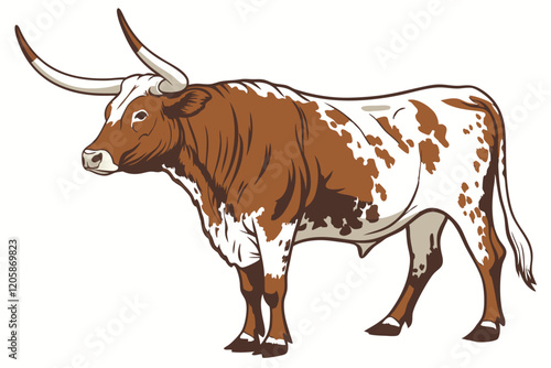 Majestic longhorn cattle, full body profile, brown and white mottled fur, curved horns, muscular build, photorealistic, detailed texture, studio lighting, white background,