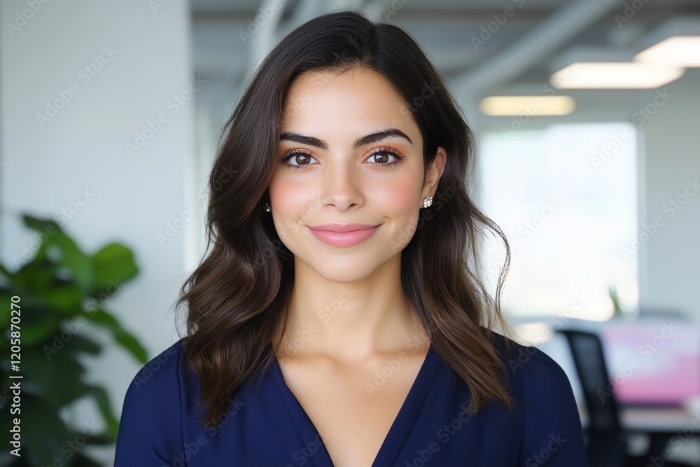Professional Businesswoman Smiling in Modern Office Setting Professional Businesswoman Smiling in Modern Office Setting