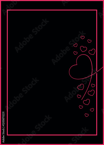 A sleek and modern black background with a thin pink double border, adorned with a minimalist heart motif on the right side. The design features a central large heart surrounded by smaller hearts casc photo