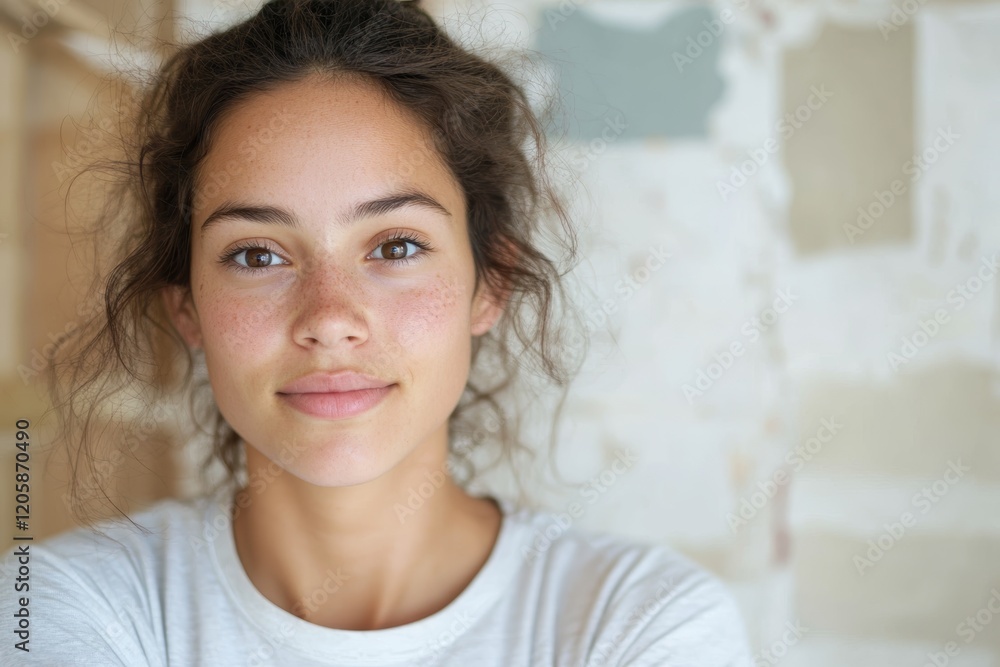 Natural Beauty Portrait of a Young Woman with Curly Hair in Casual Setting