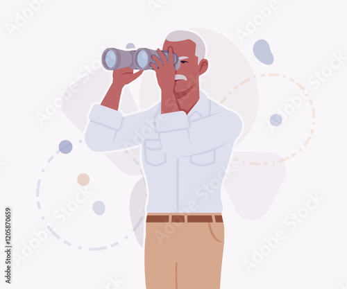 Handsome active senior mature man elder businessman binocular vision pose. Old experienced male, grey hair, moustache, older business owner. Vector flat style cartoon illustration, creative background