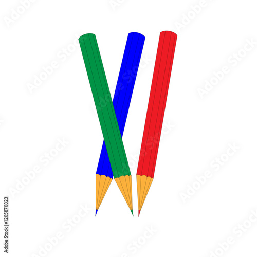 Three colored pencils in green, blue, and red arranged in a crossed pattern. Simple vector illustration with transparent background. Art and drawing tools concept for design and print