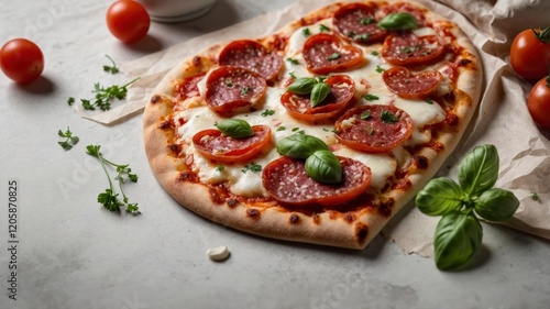 Heart shaped Italian pizza with salami,cherry tomatoes,garlics,parsley,pizza sauce,mozzella and olive oil on parchment paper with white wood table background.Love concept for Valentine's day
 photo