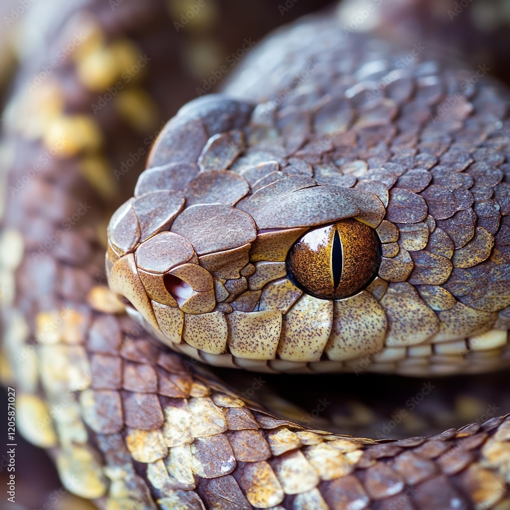 Fototapeta premium Close-up coiled viper, rainforest background, wildlife photography