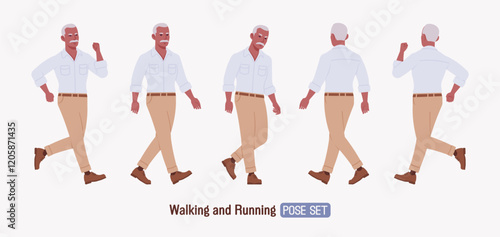 Handsome active senior mature man, elder businessman walk, run pose set. Serious grandfather, old experienced male, grey hair, moustache, older business owner. Vector flat style cartoon illustration