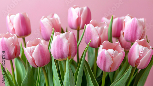 A charming arrangement of pink tulips against a soft pink background, symbolizing love and elegance.