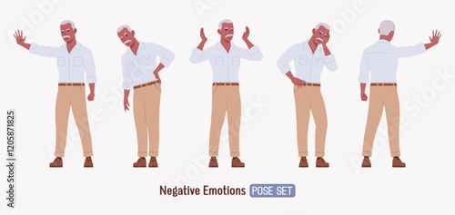 Handsome active senior mature man, elder businessman negative pose set. Serious grandfather, old experienced male, grey hair, moustache, older business owner. Vector flat style cartoon illustration