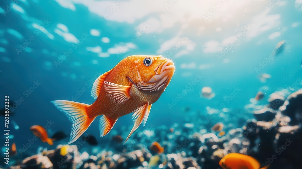 Fototapeta premium Depleted fish population in polluted oceans, underwater scene, Climate Physical Risk, Ocean biodiversity loss