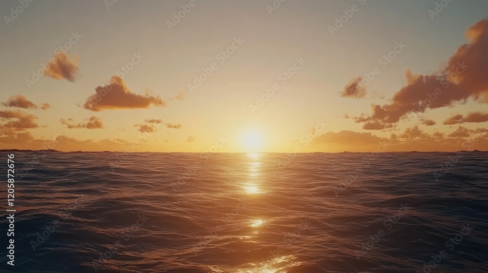 Fototapeta premium Ocean sunset, golden hour, calm waves, cloudscape, travel brochure