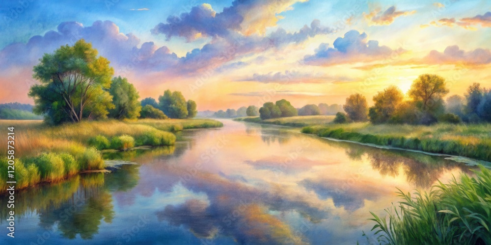 Obraz premium Serene Sunset Reflection on a Calm River, Lush Green Banks, and Vibrant Sky