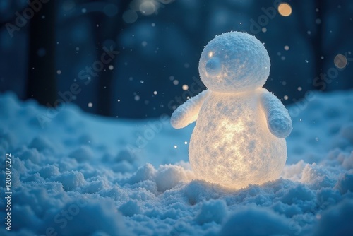 Icy snowperson with a glowing aura surrounding it, solitary, radiant, mysterious photo