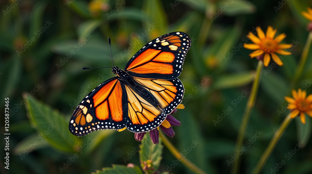 Fototapeta premium Monarch butterfly resting on milkweed flower with vibrant colors in natural environment