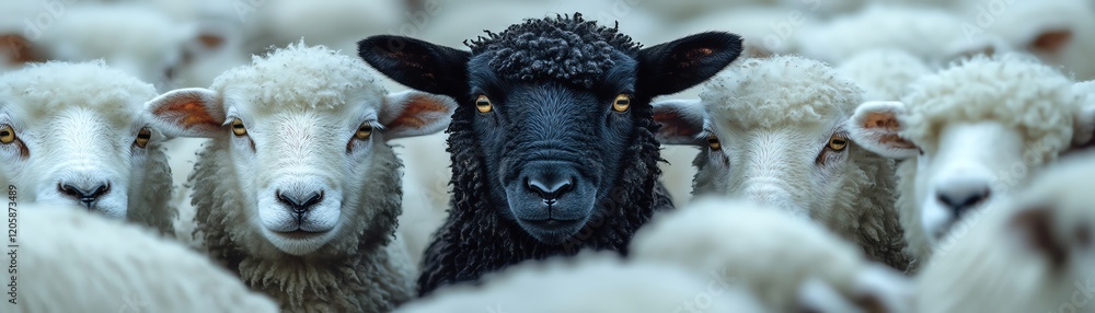 A black sheep surrounded by white sheep, shallow depth of field A black sheep surrounded by white sheep, shallow depth of field