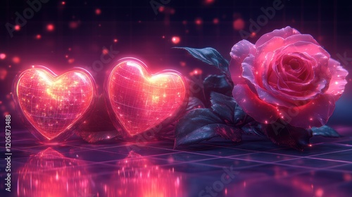 Neon Pink Valentine's Day Card Design with Hearts and Rose