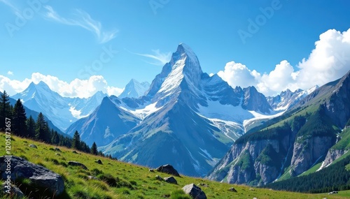 Majestic mountain ranges with blue sky and wispy white clouds above, majesty, sky, landscape