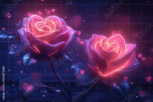Neon Pink Roses with Hearts for Valentine's Day Card Design