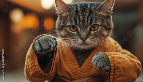 Cat in a karate outfit, paws forward, intense stare, warm lighting