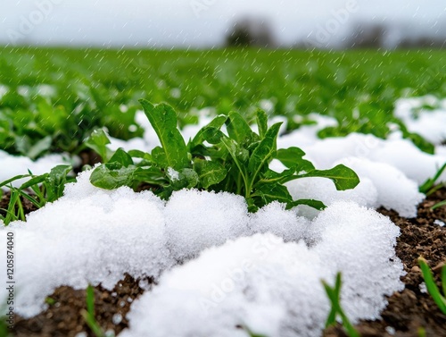 Crops destroyed by unexpected hailstorms, agricultural loss concept, Climate Physical Risk, Extreme weather impacts photo