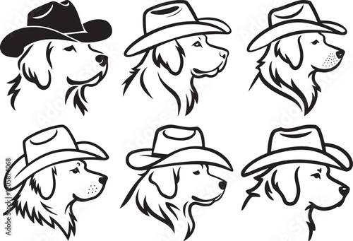 Golden Retriever wearing Cowboy Hat outline silhouette vector illustration bundle | Collection of Cartoon Styled Dog Golden Labrador Retriever Head vector Illustration