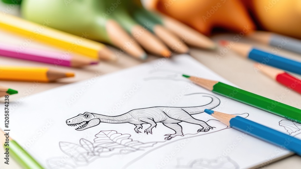 Naklejka premium Coloring page with dinosaur outline and colored pencils