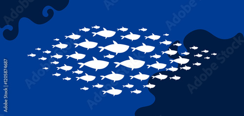 Fish shoal ocean seaweed underwater silhouette concept. Vector flat graphic design illustration