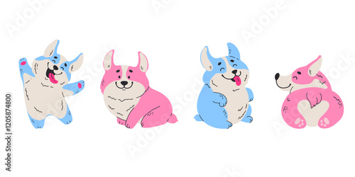 Welsh corgi dog cute puppy pet sticker line art concept set. Vector graphic design illustration element