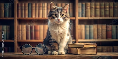 Adorable feline perched on a bookshelf surrounded by dog-eared pages and vintage books with a pair of round glasses perched on its nose , adorable, glasses