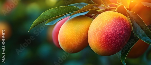 Cluster of ripe mangoes on a tree, vibrant green leaves, soft sunlight, closeup shot photo