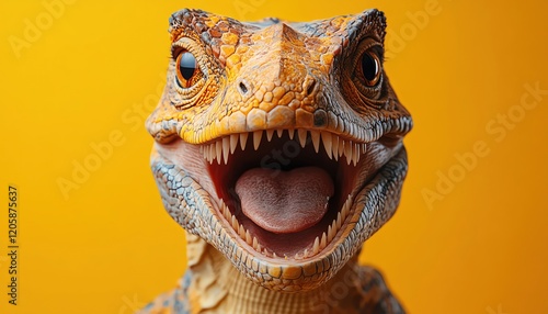 Dinosaur with a wide grin, yellow background photo