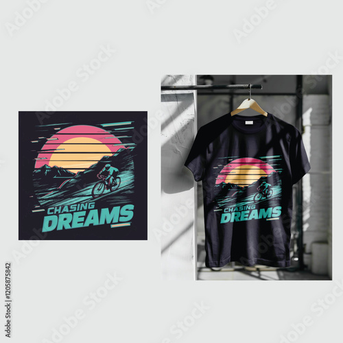 Chasing Dreams: Retro Cycling T-Shirt Design with Vibrant Vaporwave Style
