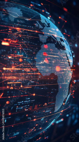 Digital world map showing data connections between continents with futuristic interface and orange and blue lines