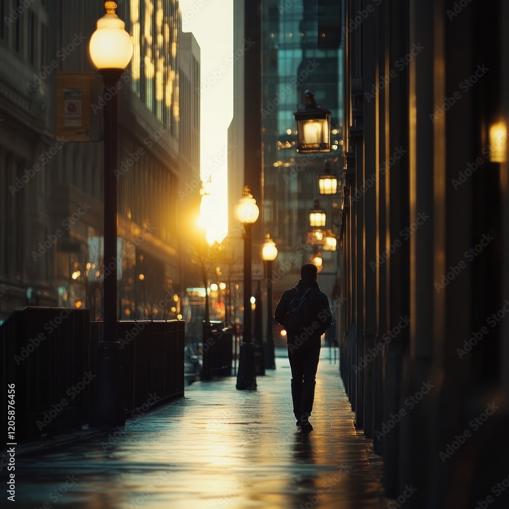 Sunrise city street walk commute urban dawn Sunrise city street walk commute urban dawn