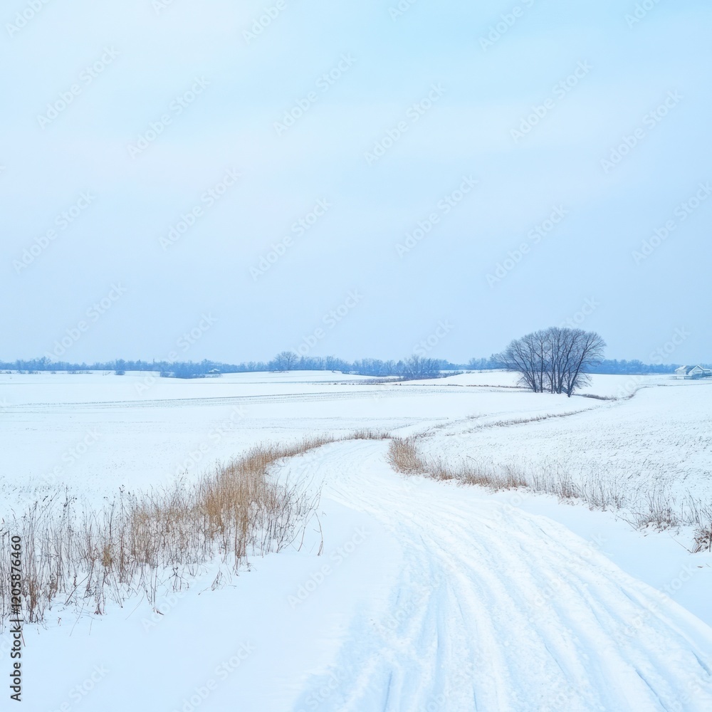 Snowy field path, winter landscape, rural scene, tranquil background, travel poster Snowy field path, winter landscape, rural scene, tranquil background, travel poster