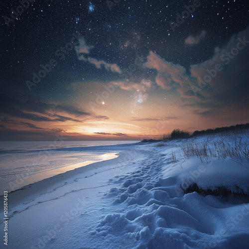 Winterlicher Sternenhimmel am verschneiten Strand bei Sonnenuntergang photo