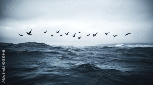 Birds flying over stormy ocean waves