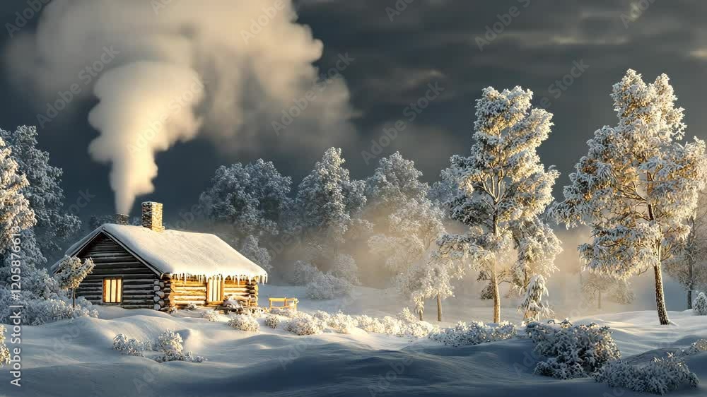 Cozy cabin in a snowy landscape with smoke rising from the chimney during winter twilight Cozy cabin in a snowy landscape with smoke rising from the chimney during winter twilight