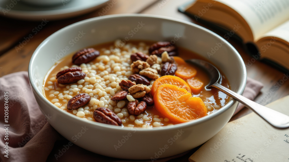 Hearty bowl of creamy oatmeal with toasted nuts, topped with a sliced orange. Perfect for a healthy breakfast or snack. Hearty bowl of creamy oatmeal with toasted nuts, topped with a sliced orange. Perfect for a healthy breakfast or snack.