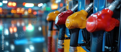 Fuel nozzles at a gas station, vibrant lighting, clean and modern look photo