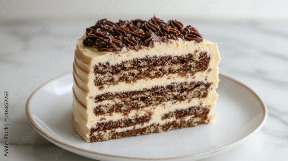 Delicious layered chocolate cake slice on plate, marble background, dessert photography, food blog Delicious layered chocolate cake slice on plate, marble background, dessert photography, food blog