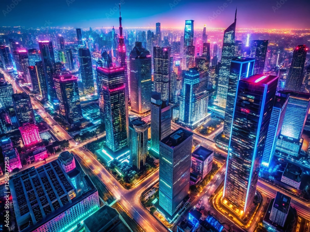 Obraz premium Drone Aerial View Neon Gradient Cityscape at Night - Futuristic Glow