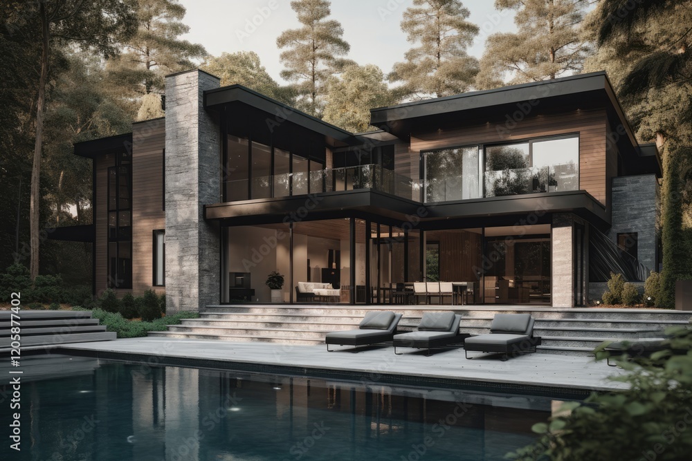 Fototapeta premium Modern House With Pool Nestled In A Wooded Area