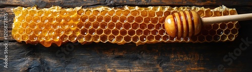 Honeycomb with honey dipper, golden honey, closeup, rustic wooden background photo