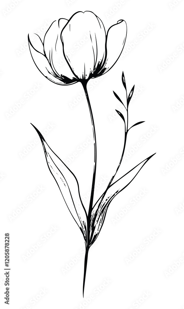 Obraz premium Minimal and cute flower, Dainty, and small line art. Style: Refined Figures Flower. Single stem. Thin lines. Consistent Flat lined illustration, Simple Design. Vector. Silhouette