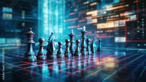 Wallpaper Mural A surreal chessboard made of glass, with translucent chess pieces casting shadows, the backdrop featuring a glowing, animated stock market graph with fluctuating data streams. Torontodigital.ca