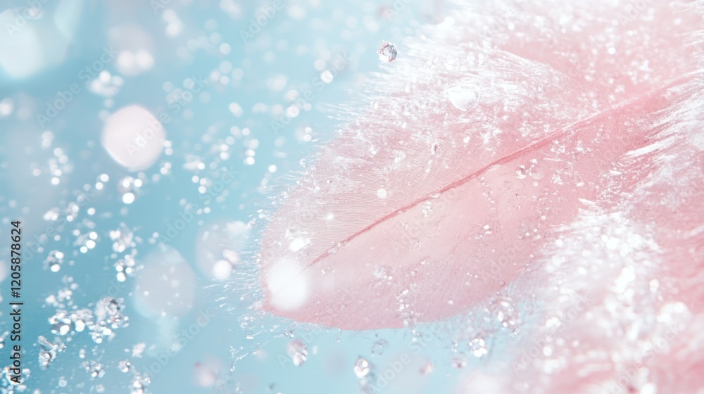 Fototapeta premium Pink feather submerged, water droplets, bokeh background, spa advertisement