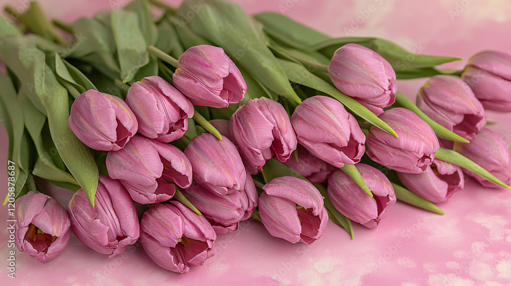 Obraz premium A stunning bouquet of pink tulips laid on a pink pastel background, capturing the essence of spring beauty. 